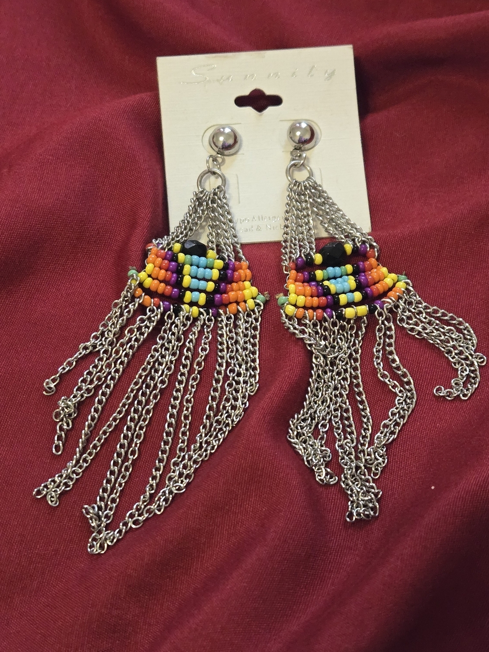 Silver Fringe Earrings with Multicolor Seed Beads